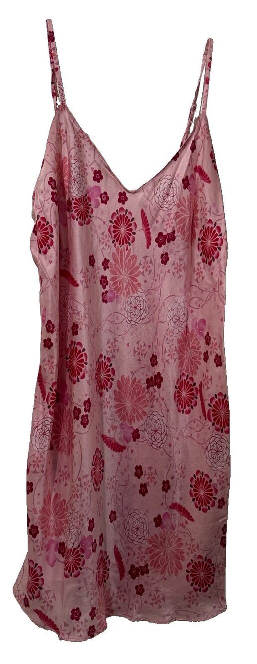 Pink Floral Satin Slip Dress Mini V-Neck Adjustable Strap Y2K Style Size Small?
